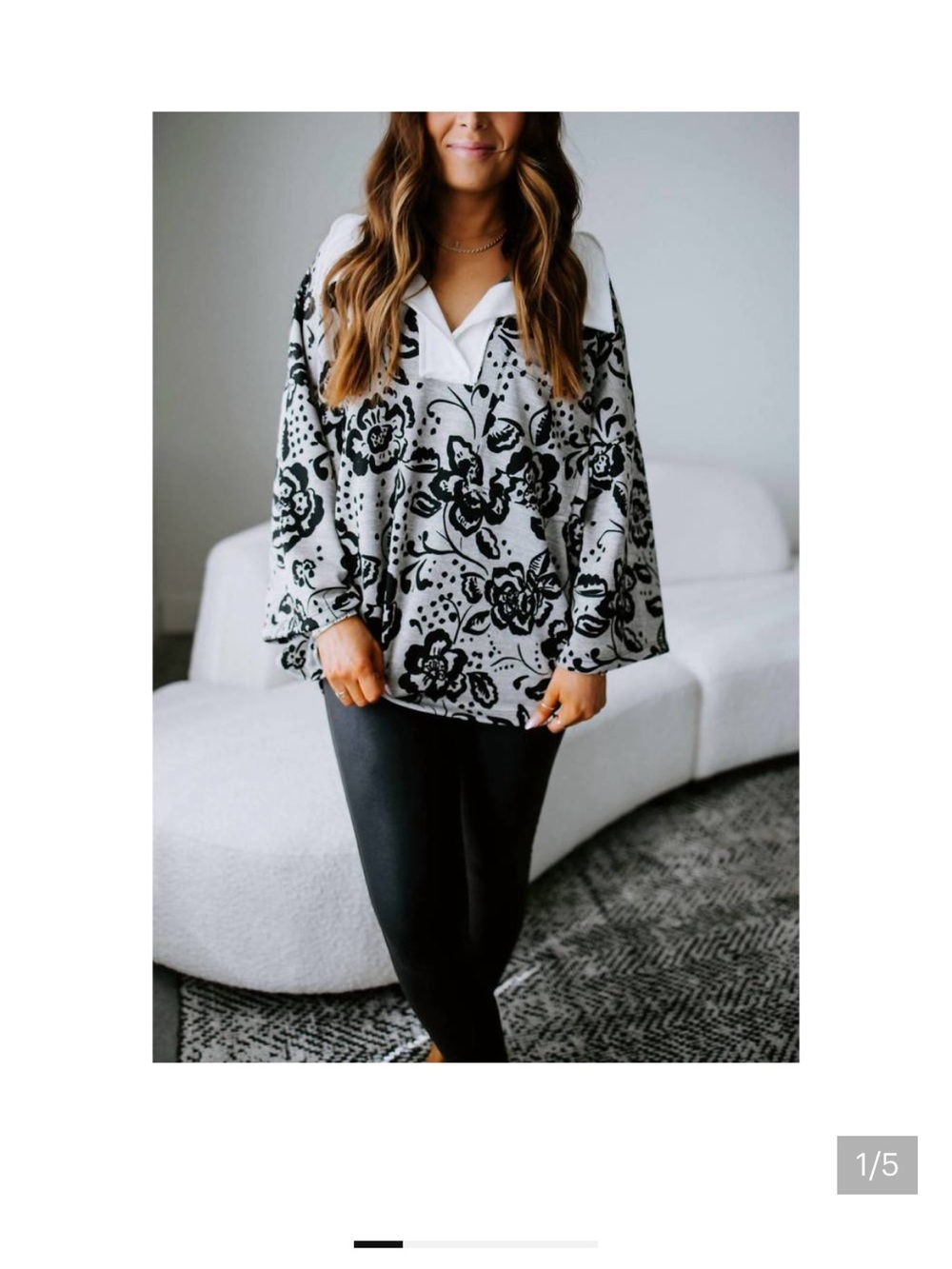 BUCKETLIST Gray Floral Pullover with Cream Collar